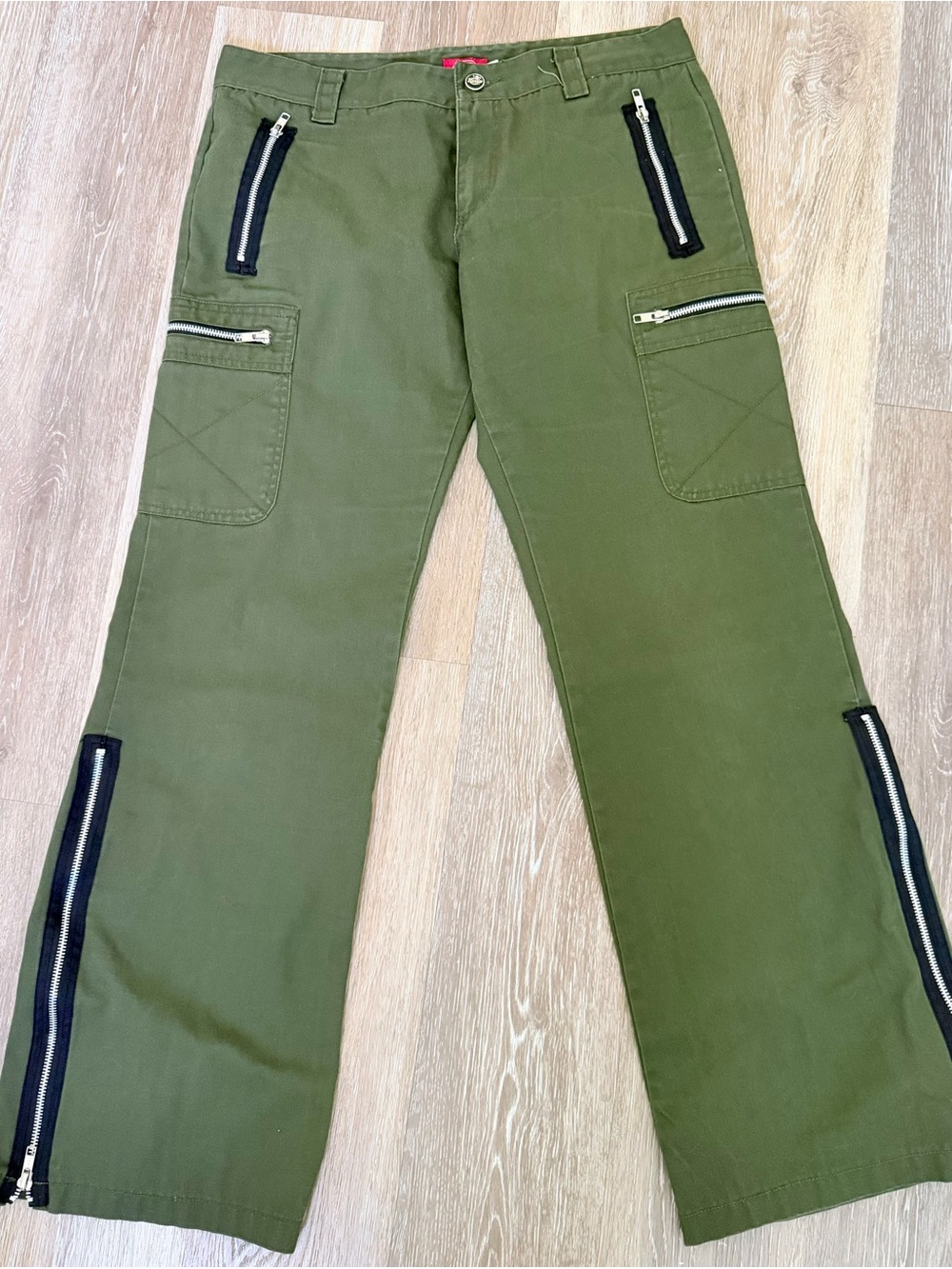 Rare Dickies Vintage Y2K Multi Zipper Flare Cargo Pants Olive Green 6